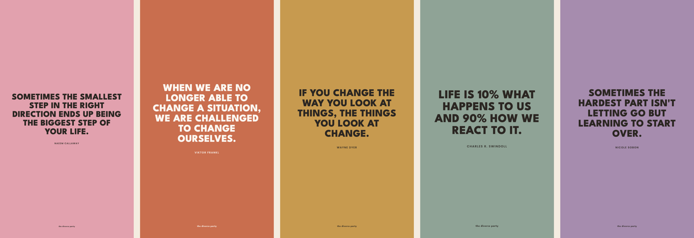 Five of the thirty affirmation wallpapers, one in each Divorce Party colour